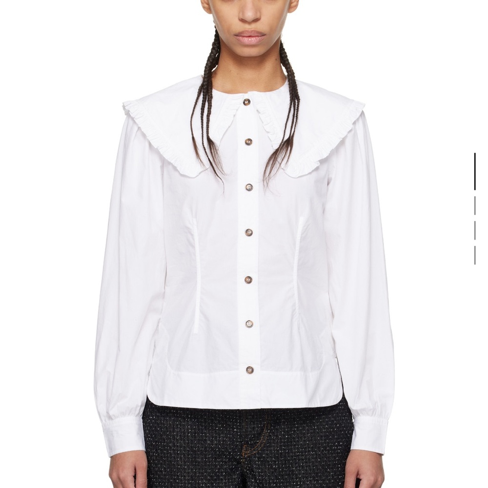 GANNI White Frill Collar Cotton Poplin Shirt